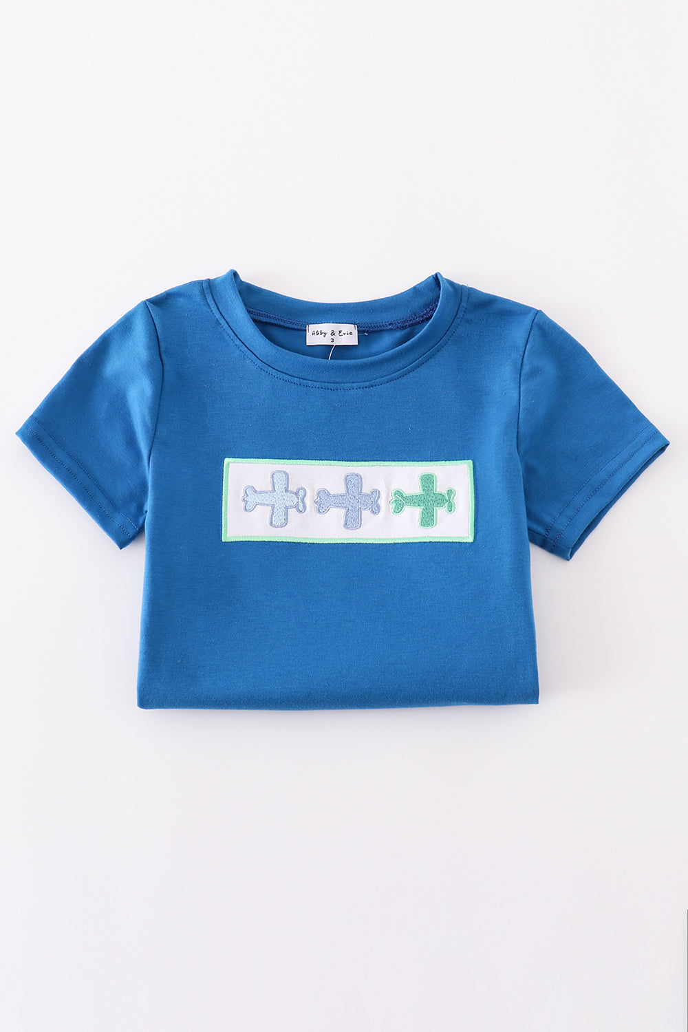 Blue airplane embroidery top - Giggles with Grace