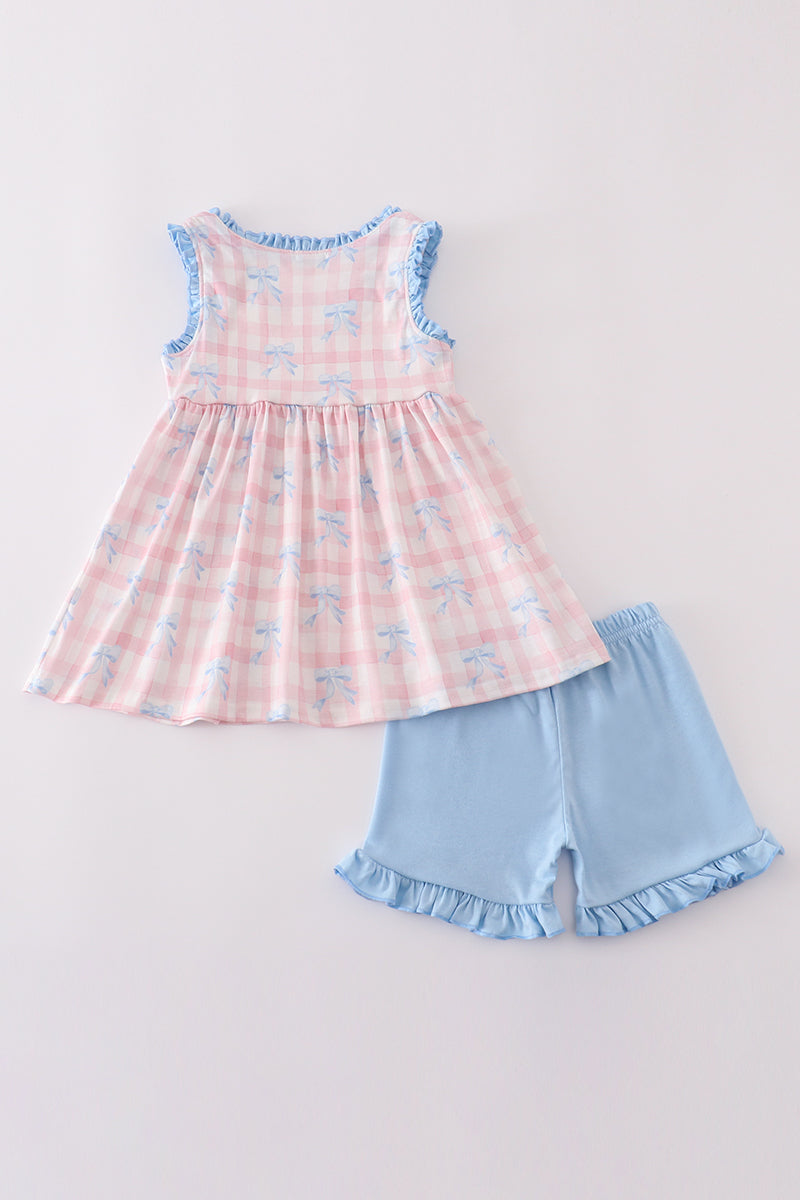 Pink plaid bow print gingham shorts set - Giggles with Grace