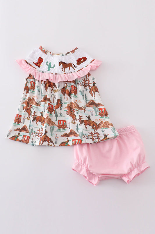 Pink western cowboy embroidery smocked bloomer set - Giggles with Grace