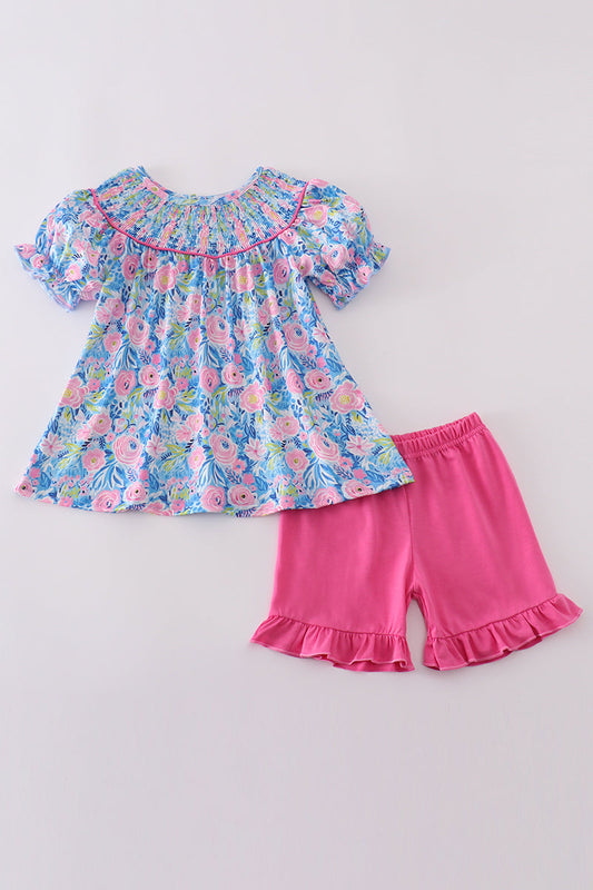 Blue blossom charm smocked girl set - Giggles with Grace