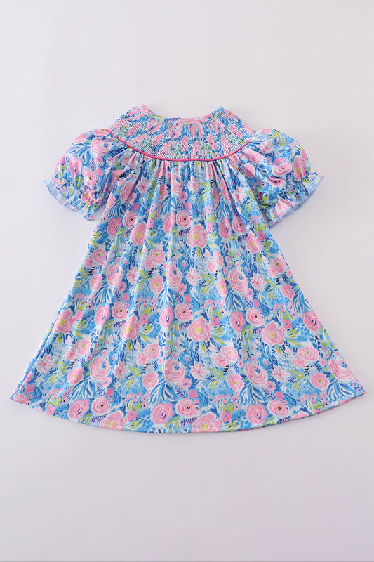 Blue blossom charm smocked girl dress - Giggles with Grace