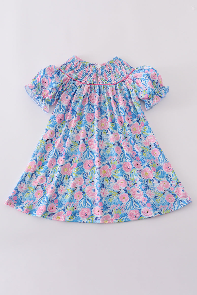Blue blossom charm smocked girl dress - Giggles with Grace