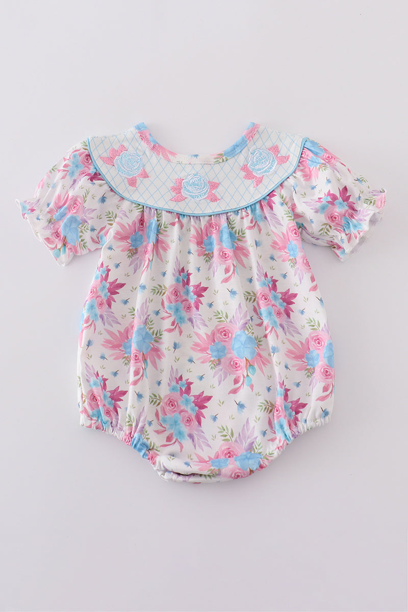 Blue petal meadow embroidery girl bubble - Giggles with Grace