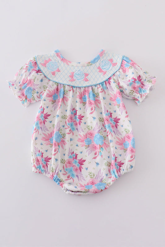 Blue petal meadow embroidery girl bubble - Giggles with Grace