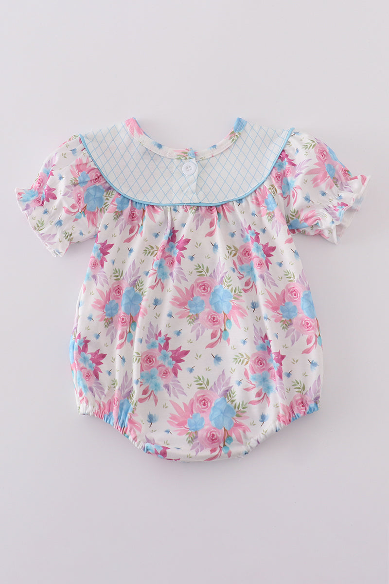 Blue petal meadow embroidery girl bubble - Giggles with Grace