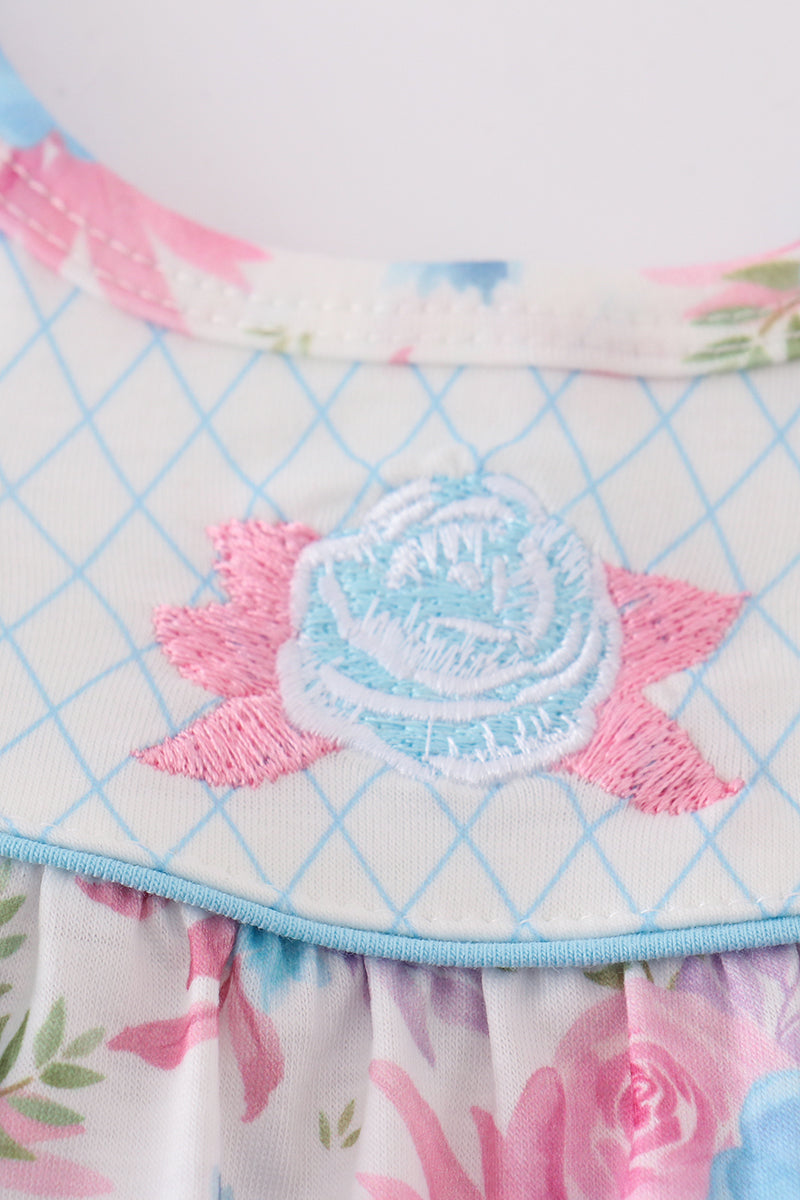 Blue petal meadow embroidery girl bubble - Giggles with Grace