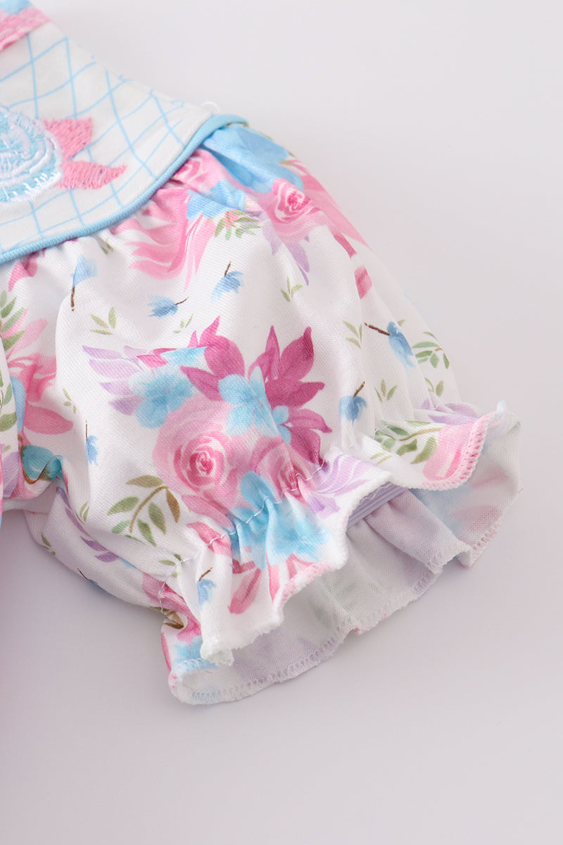 Blue petal meadow embroidery girl bubble - Giggles with Grace
