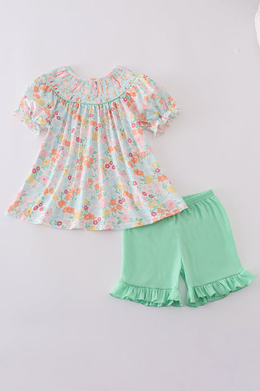 Green springtime bloom smocked girl set - Giggles with Grace