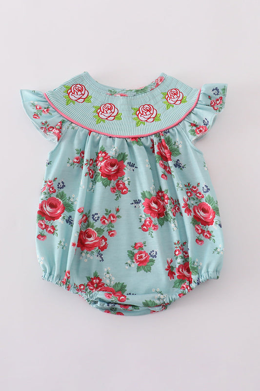 Rosebud bliss print smocked girl bubble - Giggles with Grace
