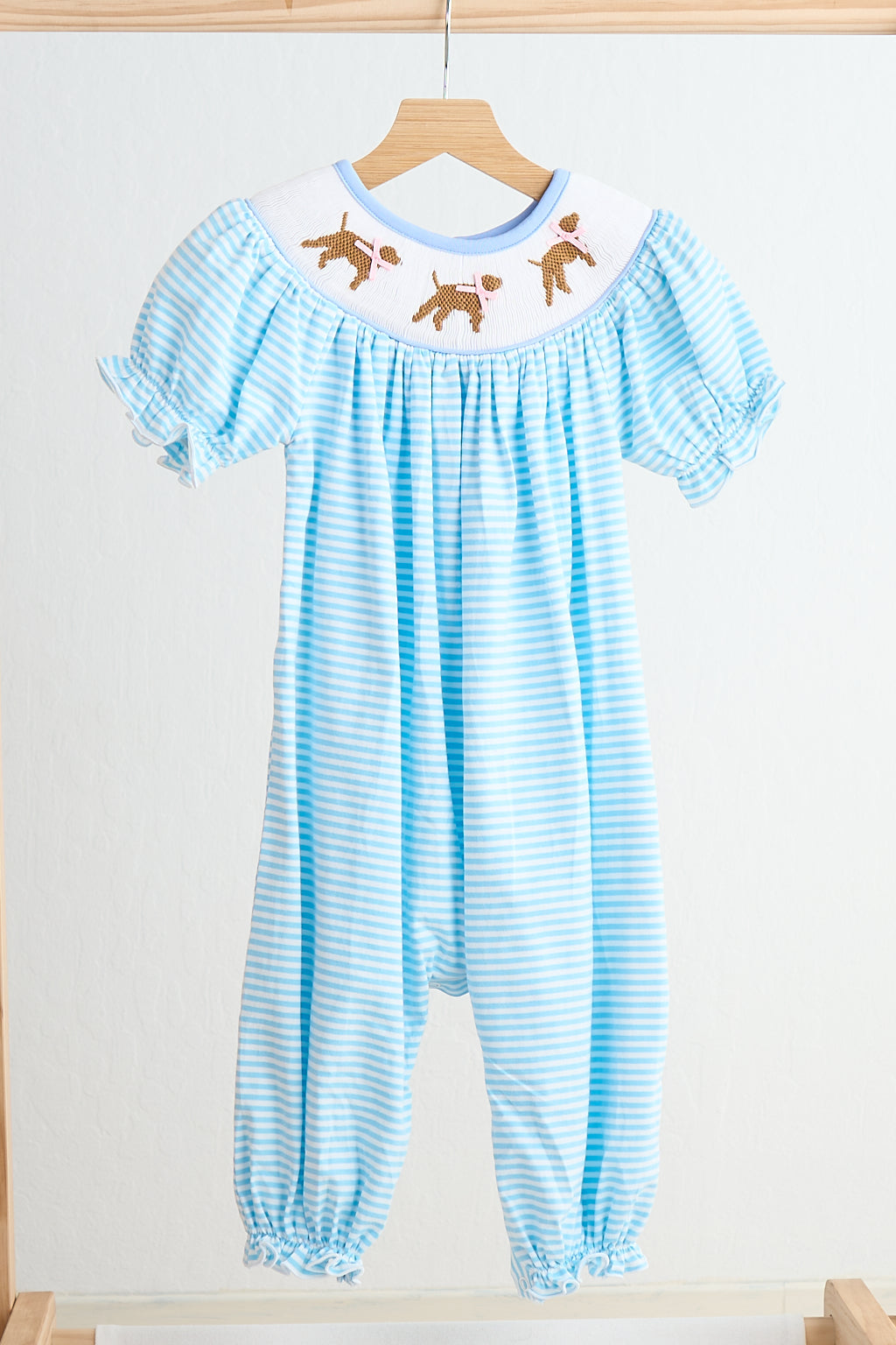 Blue puppy hand smocked girl romper - Giggles with Grace