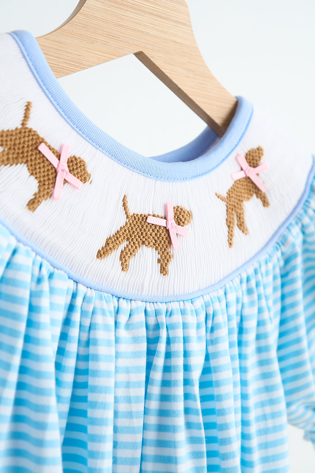 Blue puppy hand smocked girl romper - Giggles with Grace