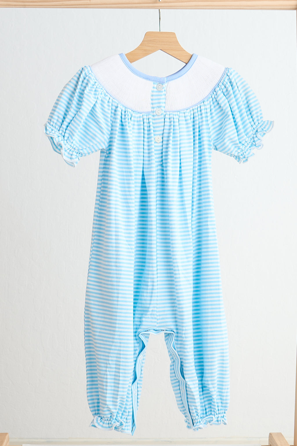 Blue puppy hand smocked girl romper - Giggles with Grace