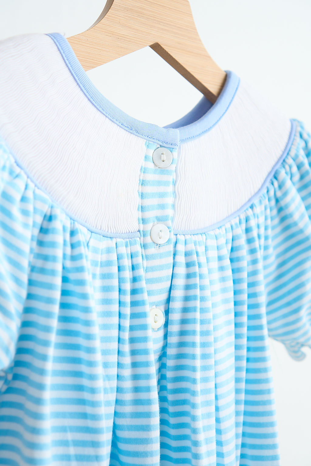 Blue puppy hand smocked girl romper - Giggles with Grace