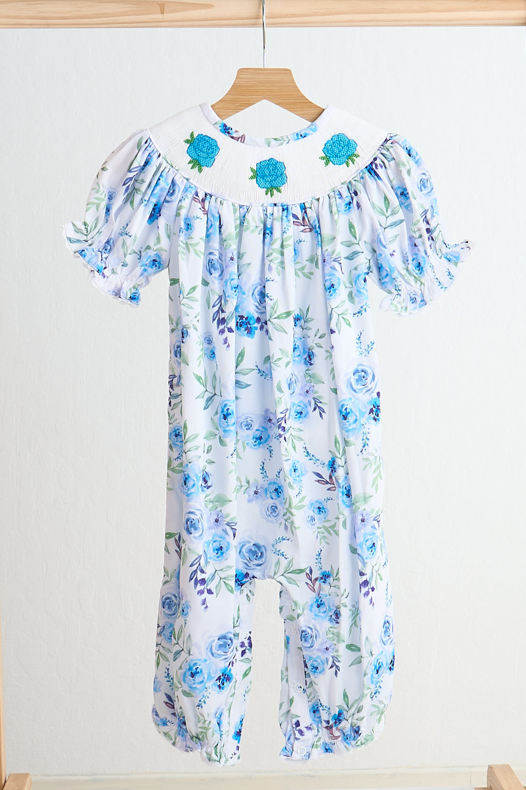 Blue rose hand smocked print girl romper - Giggles with Grace