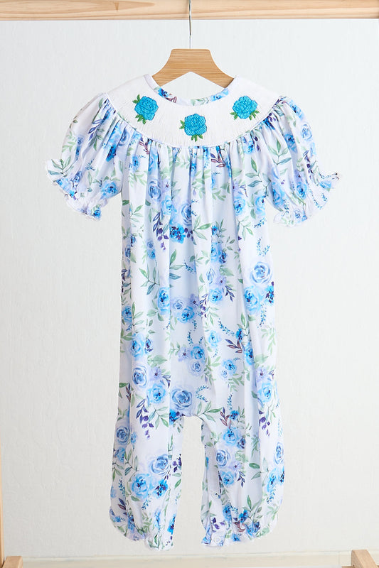 Blue rose hand smocked print girl romper - Giggles with Grace