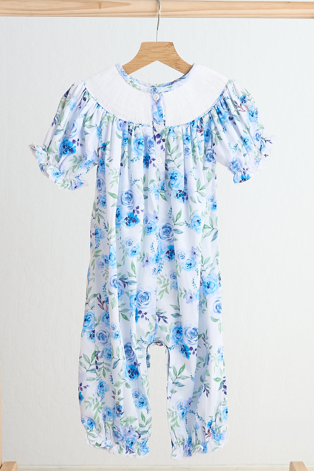 Blue rose hand smocked print girl romper - Giggles with Grace