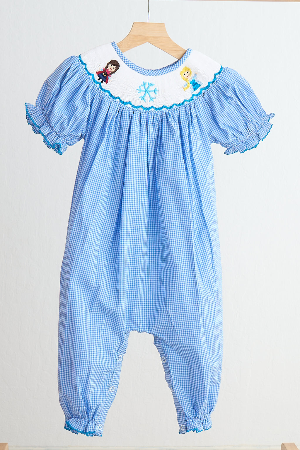 Blue snow princess hand smocked gingham girl romper - Giggles with Grace