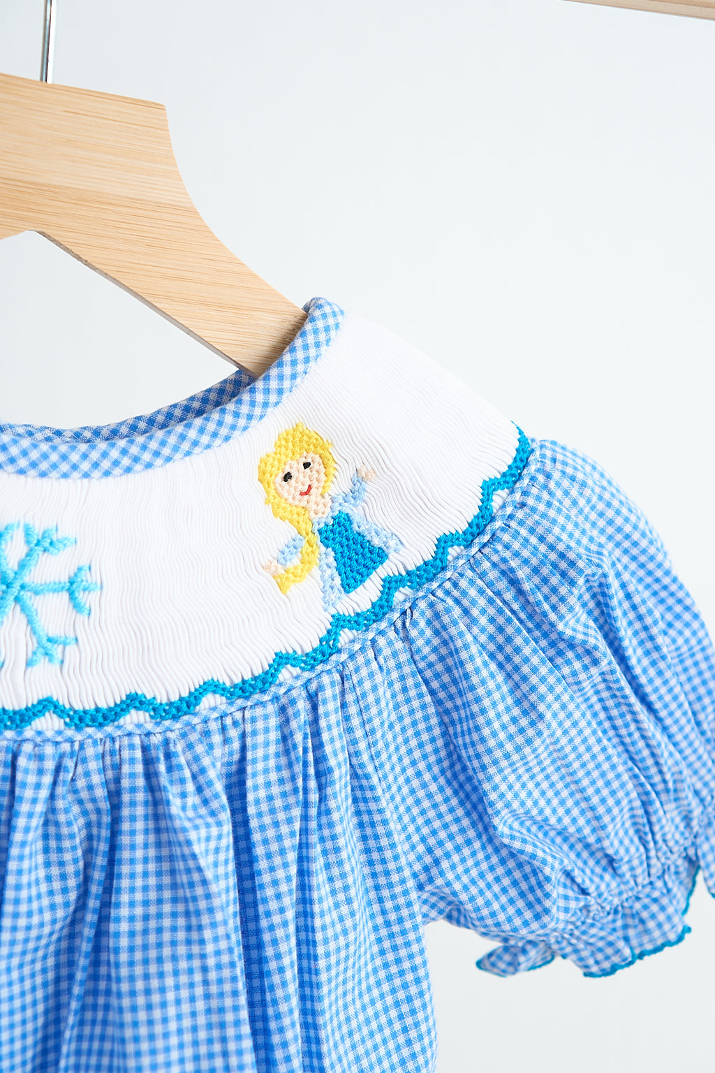 Blue snow princess hand smocked gingham girl romper - Giggles with Grace