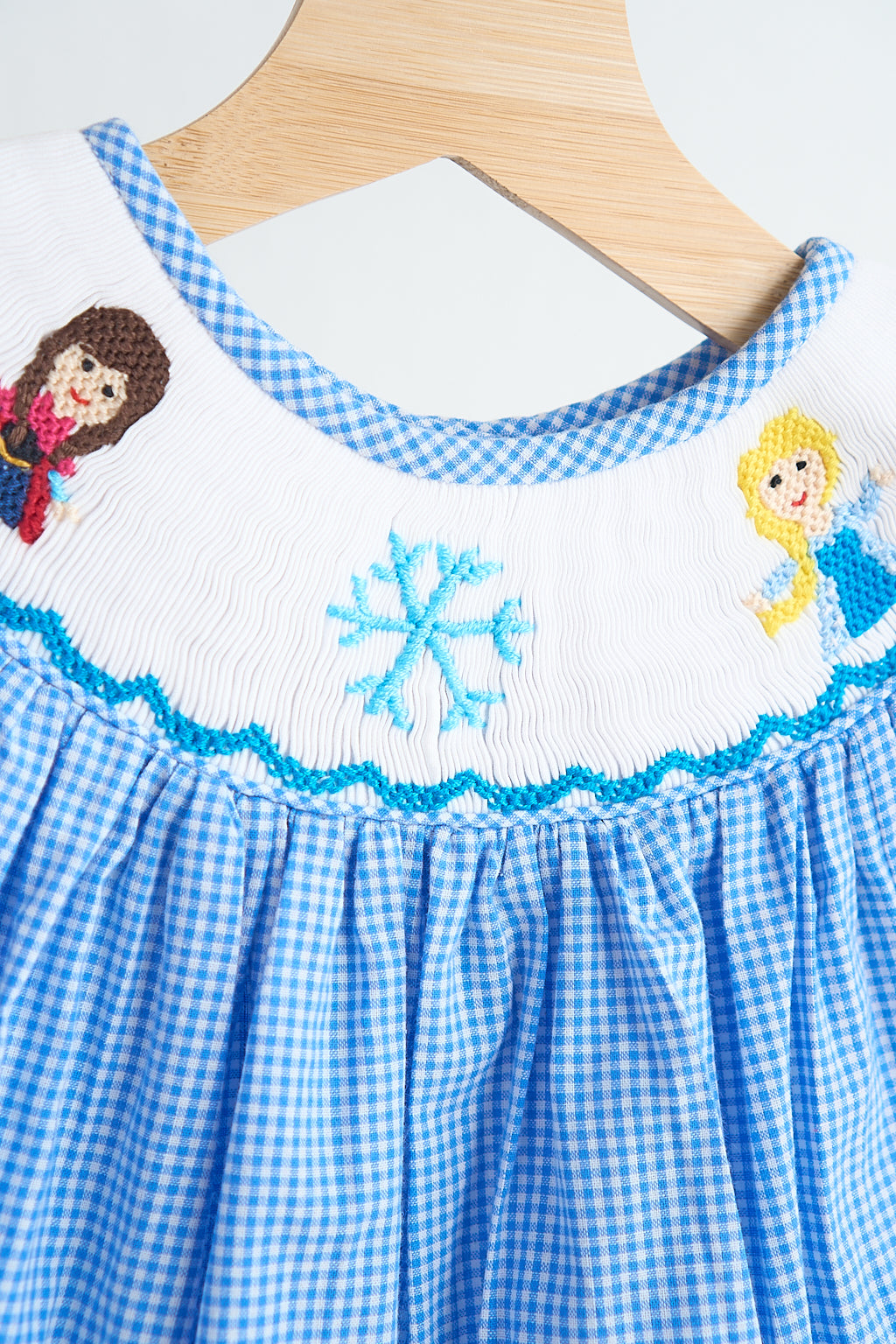 Blue snow princess hand smocked gingham girl romper - Giggles with Grace