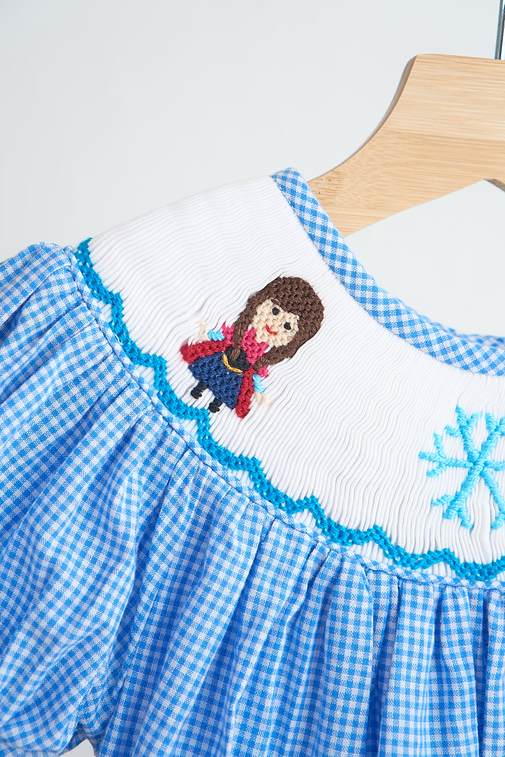 Blue snow princess hand smocked gingham girl romper - Giggles with Grace