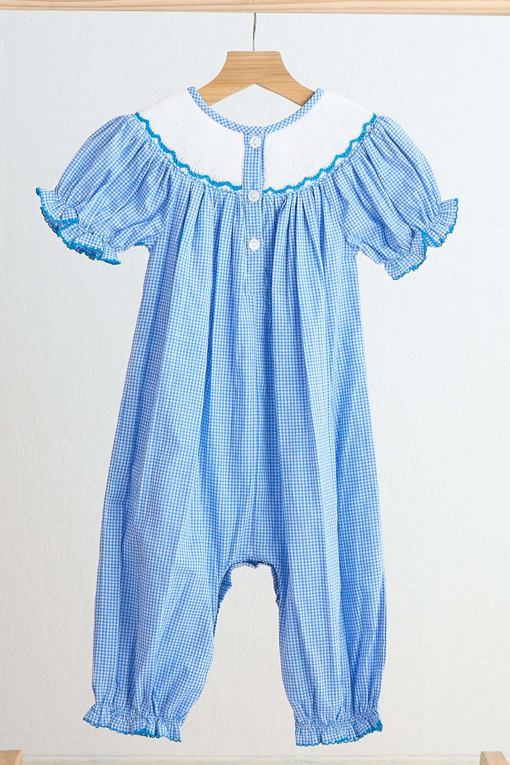 Blue snow princess hand smocked gingham girl romper - Giggles with Grace