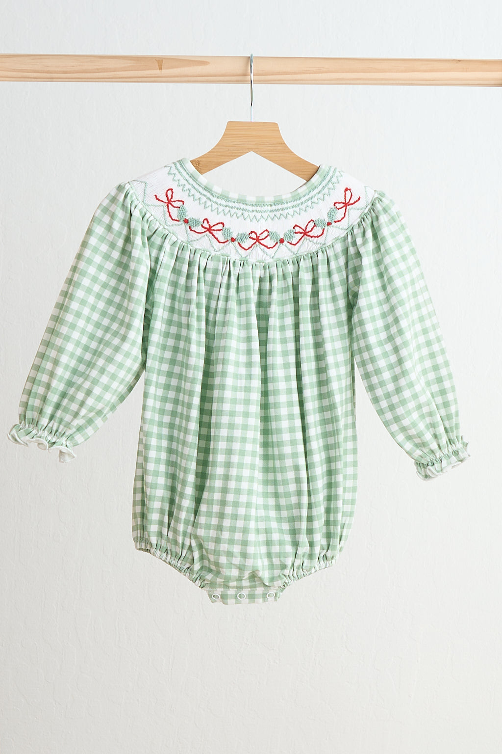 Green bow tie hand smocked gingham girl bubble - Giggles with Grace