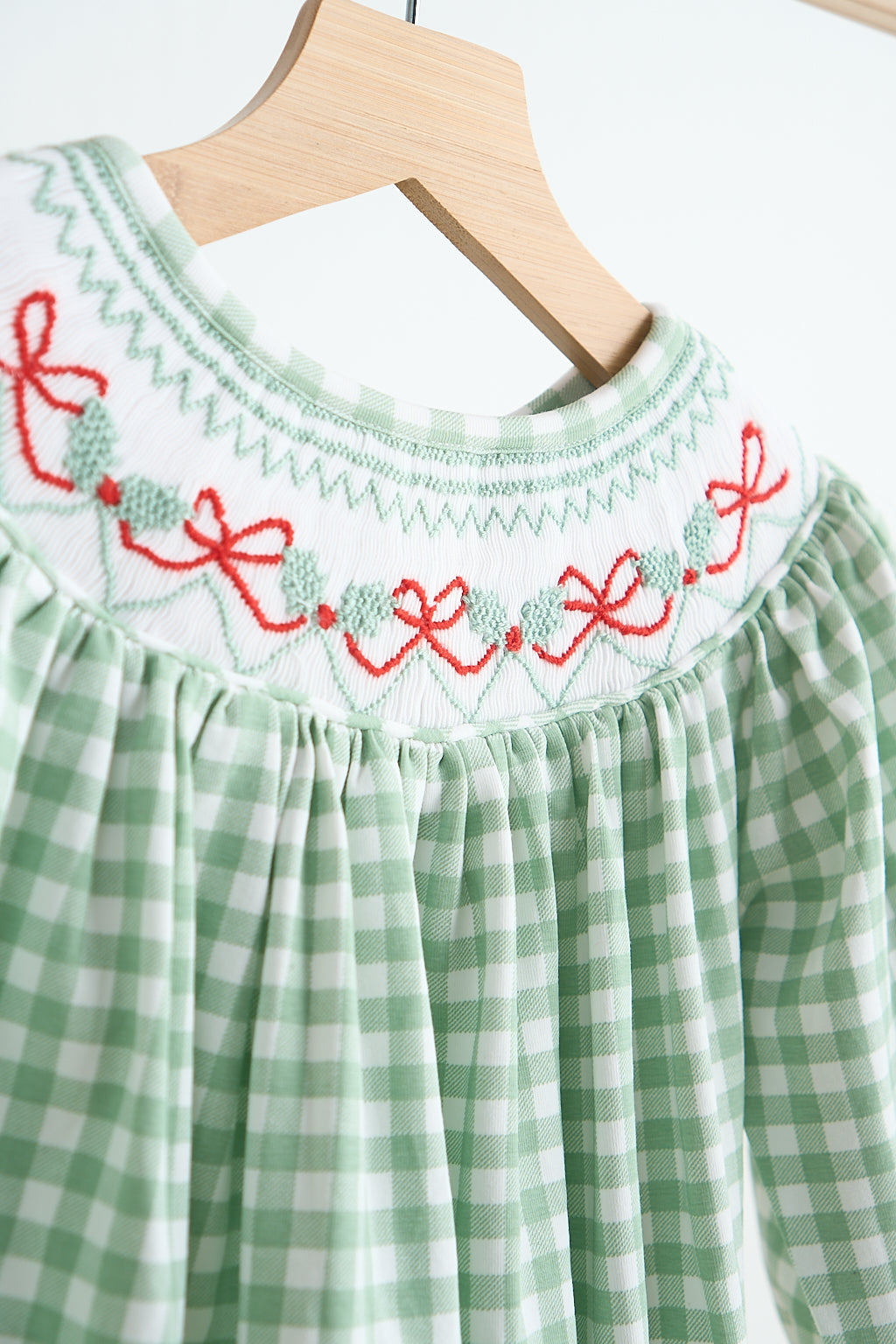 Green bow tie hand smocked gingham girl bubble - Giggles with Grace