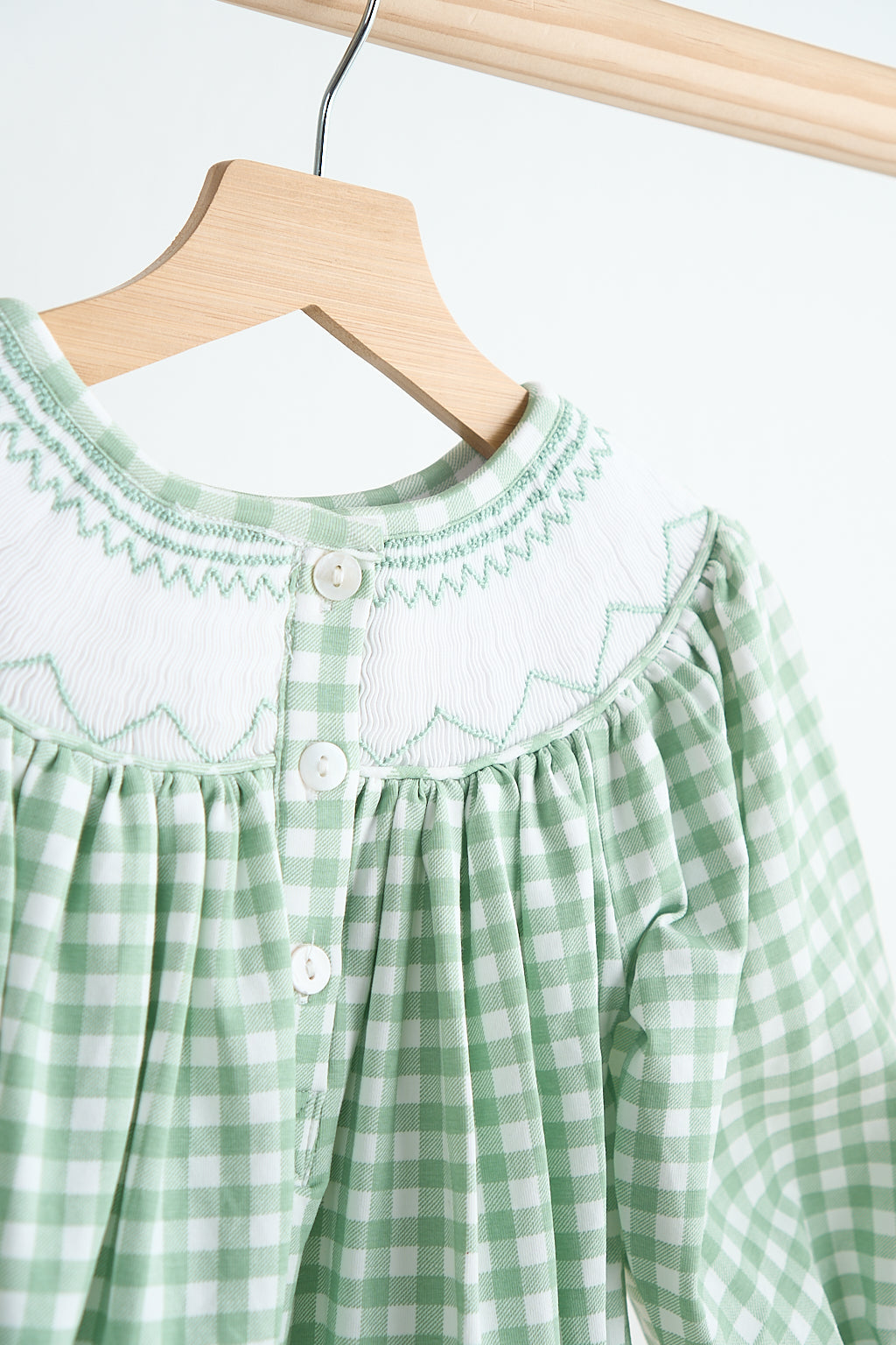 Green bow tie hand smocked gingham girl bubble - Giggles with Grace