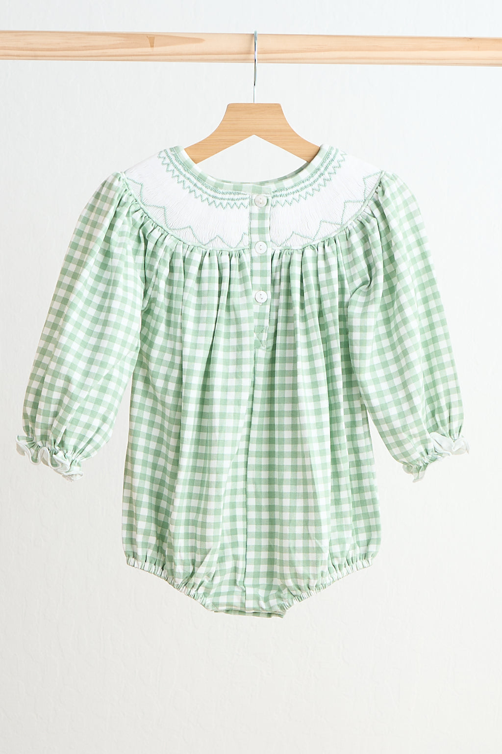 Green bow tie hand smocked gingham girl bubble - Giggles with Grace