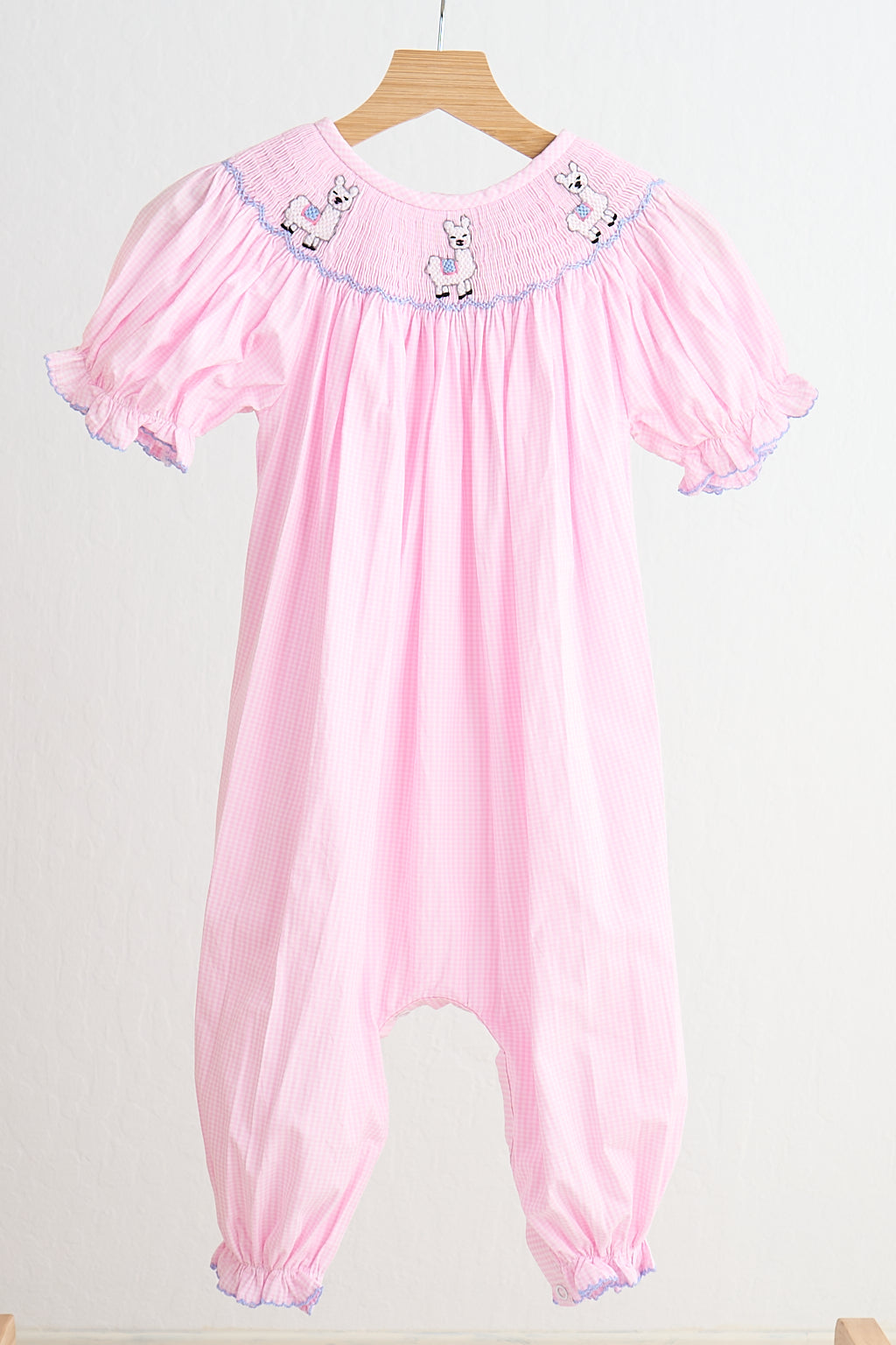 Pink alpaca hand smocked gingham girl romper - Giggles with Grace