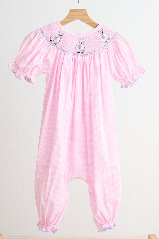 Pink alpaca hand smocked gingham girl romper - Giggles with Grace
