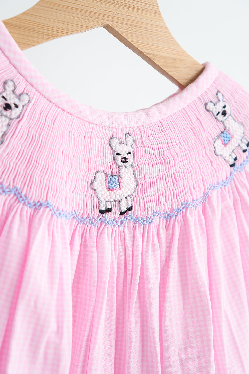 Pink alpaca hand smocked gingham girl romper - Giggles with Grace