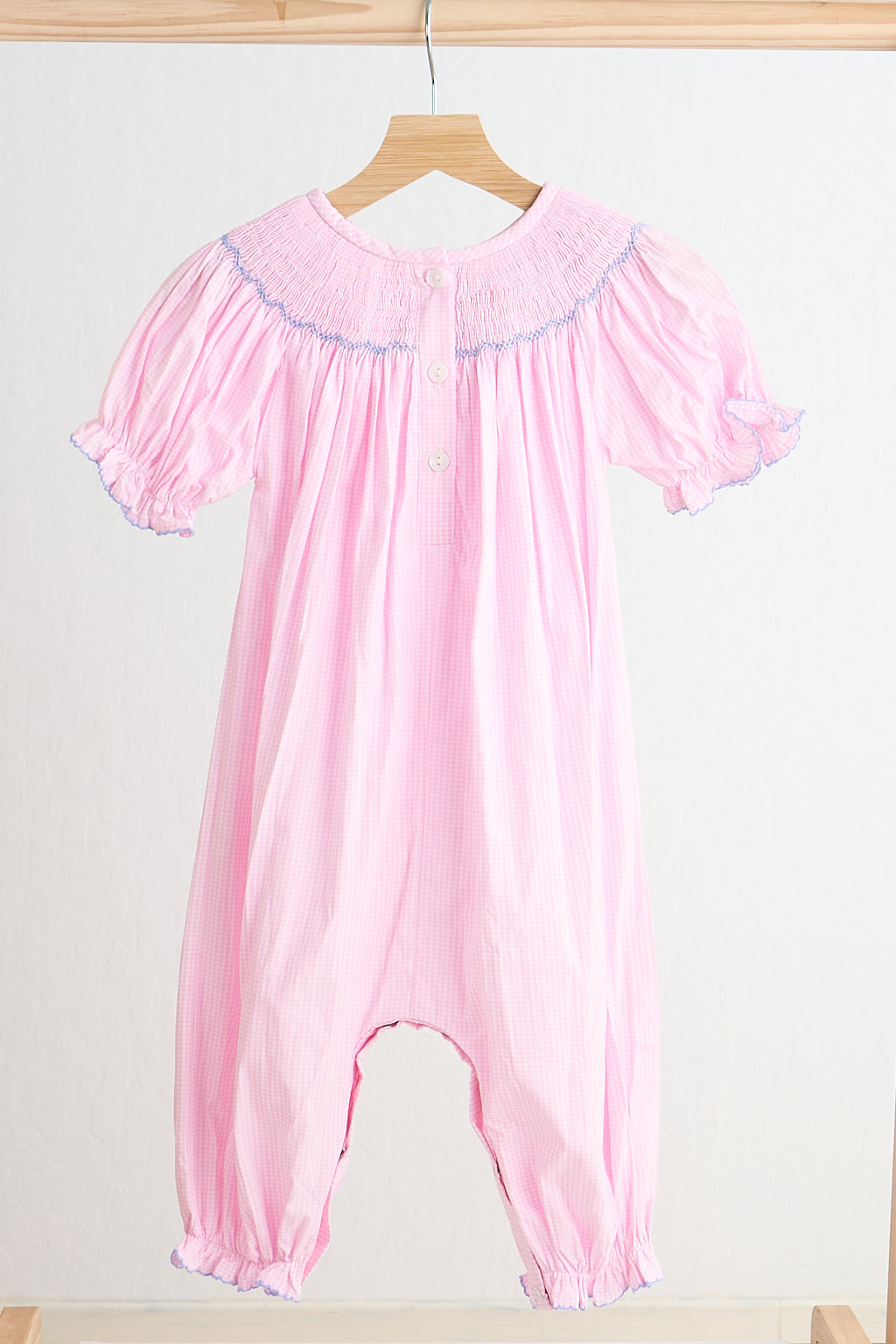Pink alpaca hand smocked gingham girl romper - Giggles with Grace