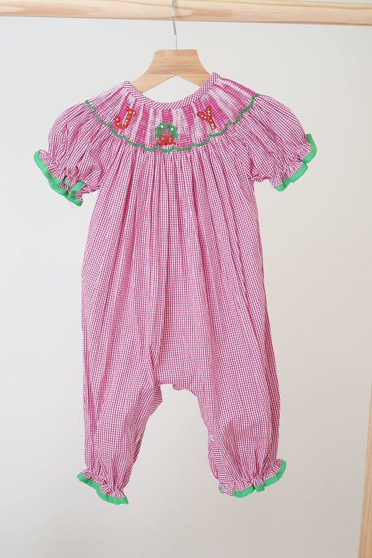 Pink joy hand smocked girl gingham romper - Giggles with Grace