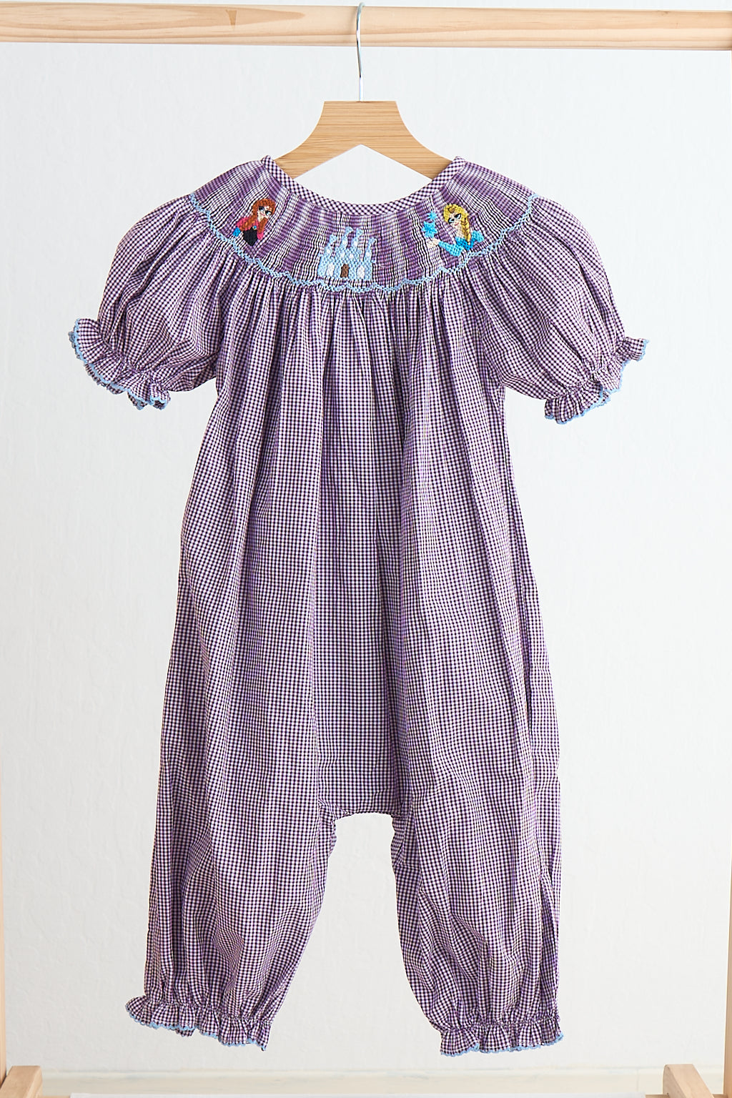 Purple castle hand smocked gingham girl romper - Giggles with Grace