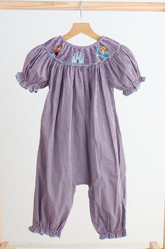 Purple castle hand smocked gingham girl romper - Giggles with Grace