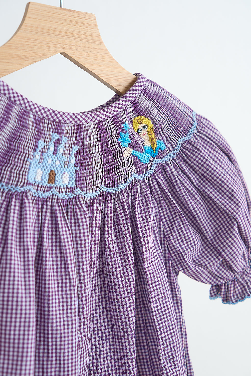 Purple castle hand smocked gingham girl romper - Giggles with Grace
