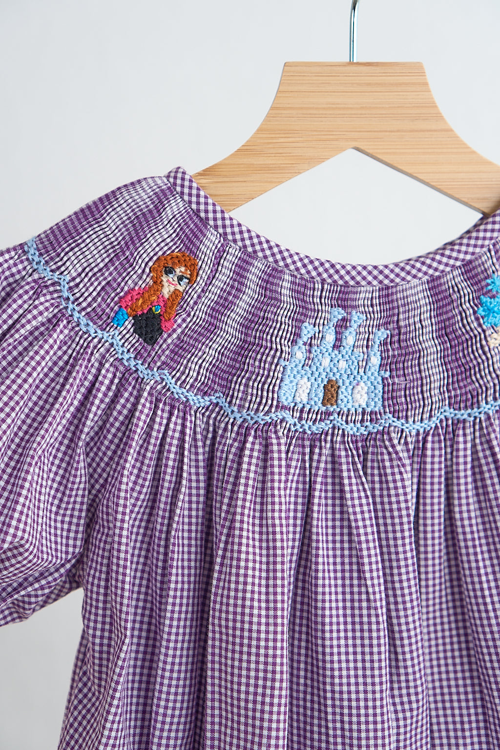 Purple castle hand smocked gingham girl romper - Giggles with Grace