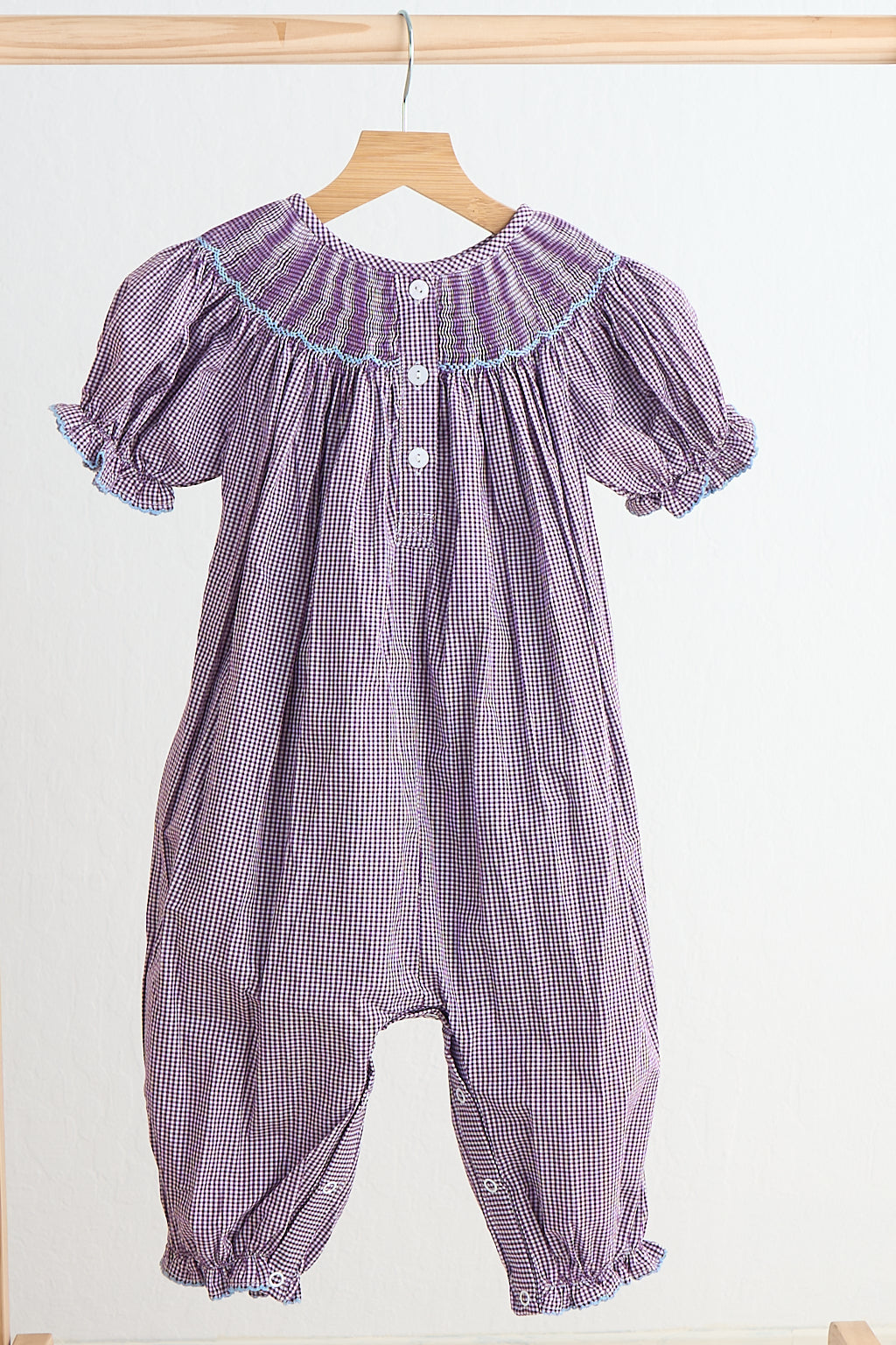 Purple castle hand smocked gingham girl romper - Giggles with Grace