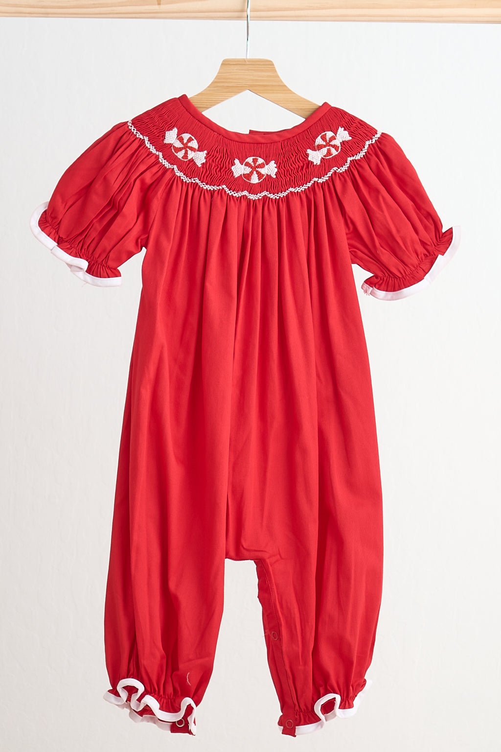 Red candy hand smocked girl romper - Giggles with Grace