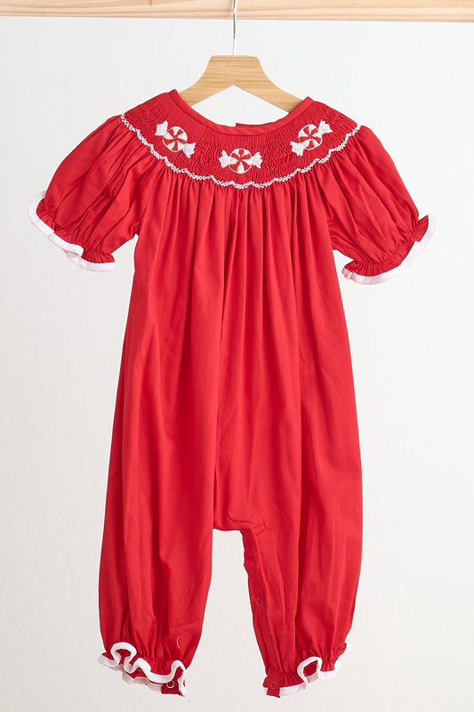 Red candy hand smocked girl romper - Giggles with Grace