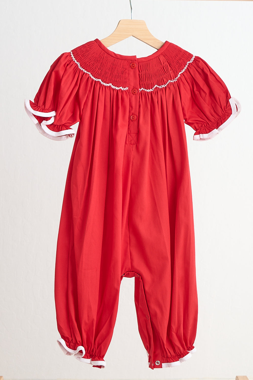Red candy hand smocked girl romper - Giggles with Grace