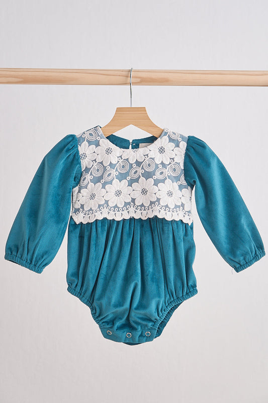 Teal velvet lace girl bubble - Giggles with Grace
