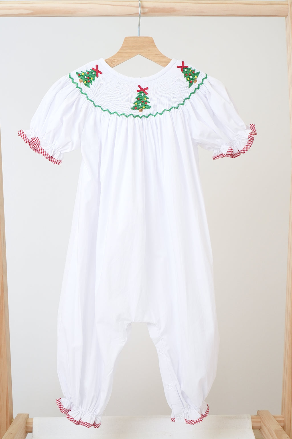 White chrismtas tree hand smocked girl romper - Giggles with Grace