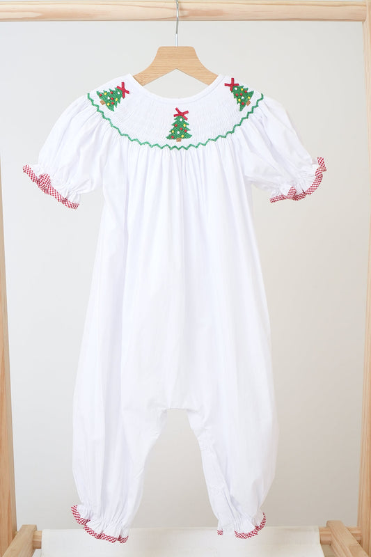 White chrismtas tree hand smocked girl romper - Giggles with Grace