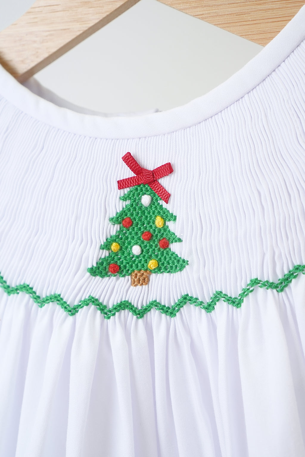 White chrismtas tree hand smocked girl romper - Giggles with Grace