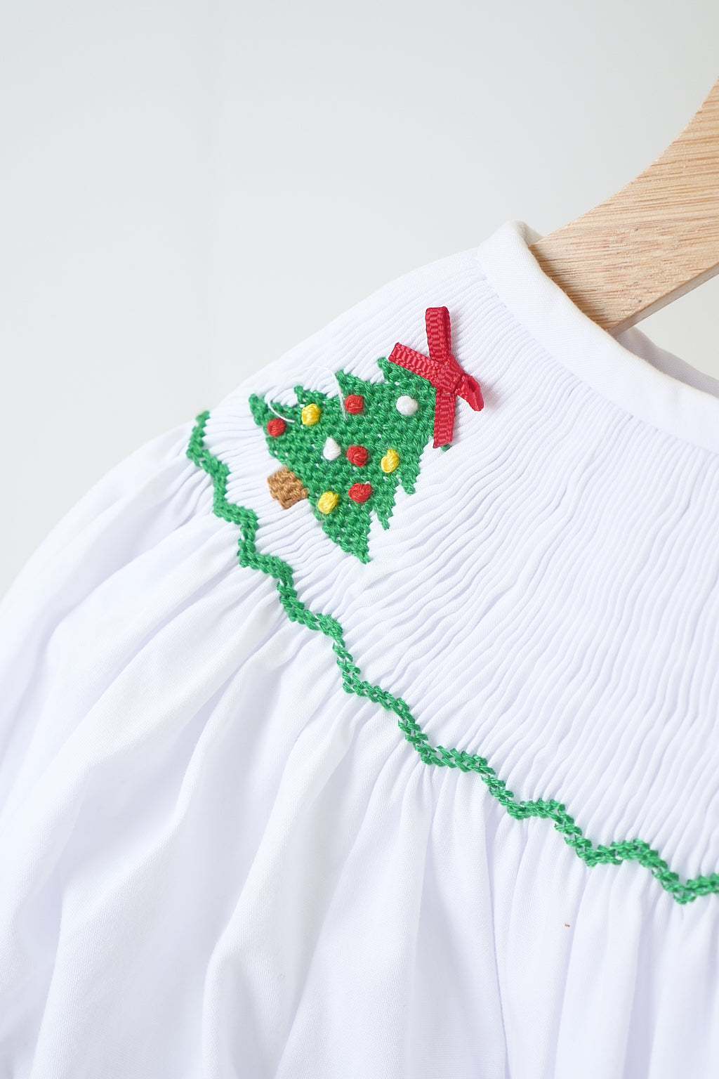 White chrismtas tree hand smocked girl romper - Giggles with Grace