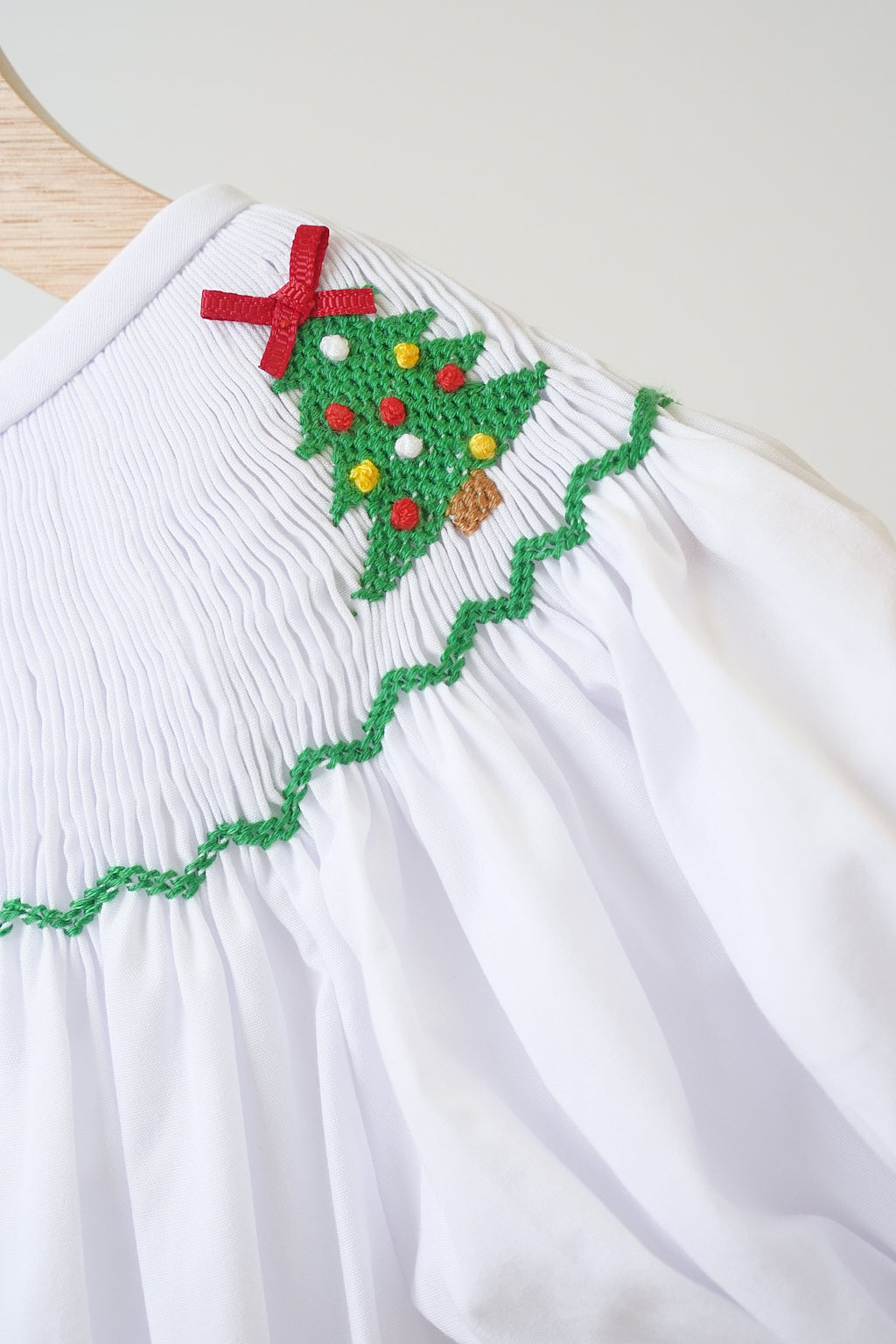White chrismtas tree hand smocked girl romper - Giggles with Grace