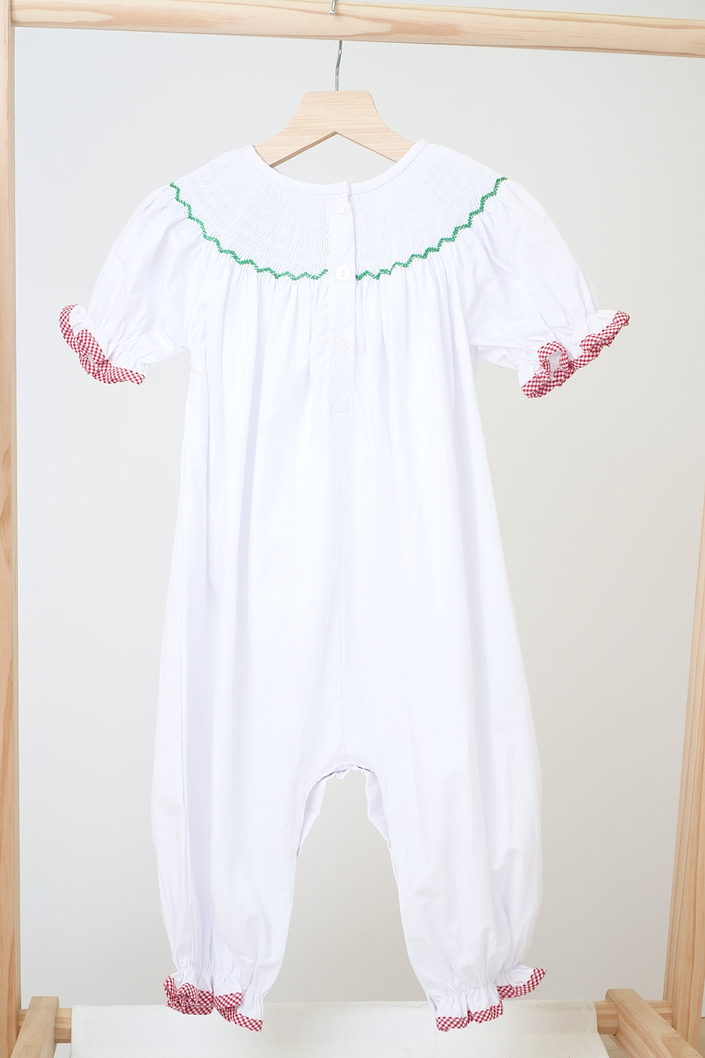 White chrismtas tree hand smocked girl romper - Giggles with Grace