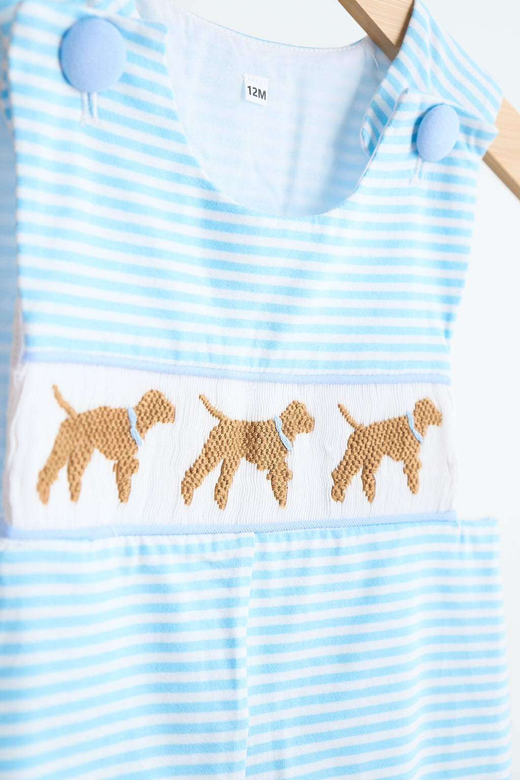 Blue puppy hand smocked boy stripe jonjon - Giggles with Grace